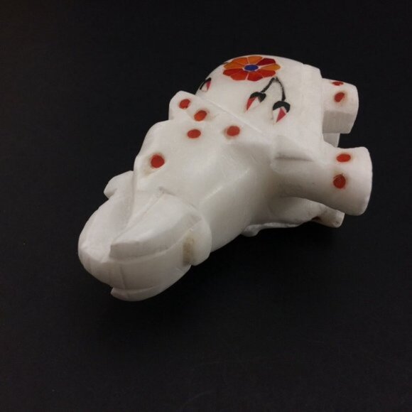 White Marble Elephant Figurine with Stone Inlay Floral Motif Trunk Up Handmade - Picture 8 of 16